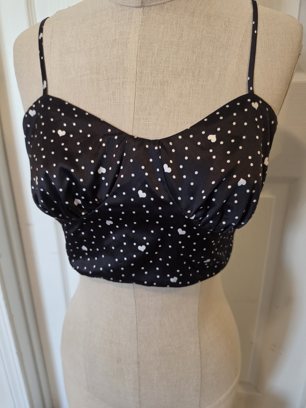 Miss Selfridge Black Satin Heart & Polka Dot Crop Cami Size 8 Medium
